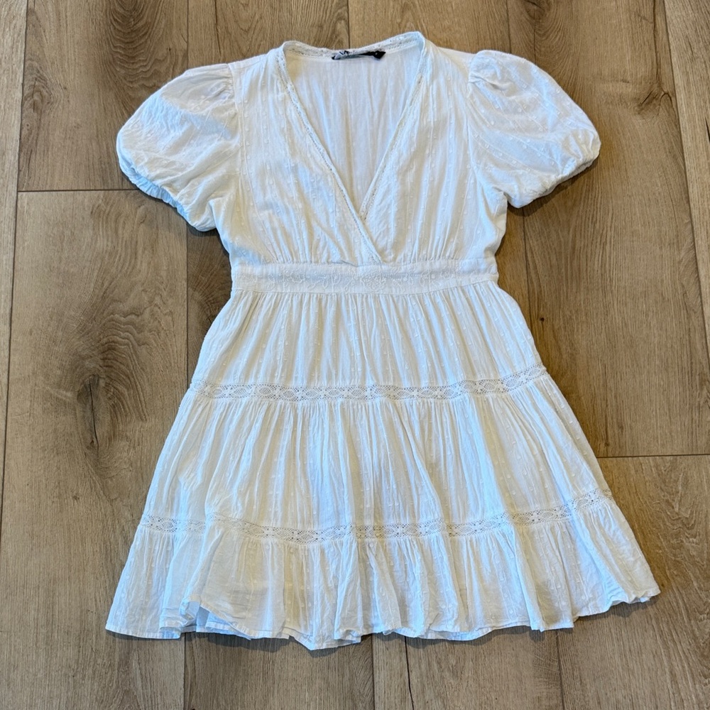 Zara White Mini Dress with Puff Sleeves